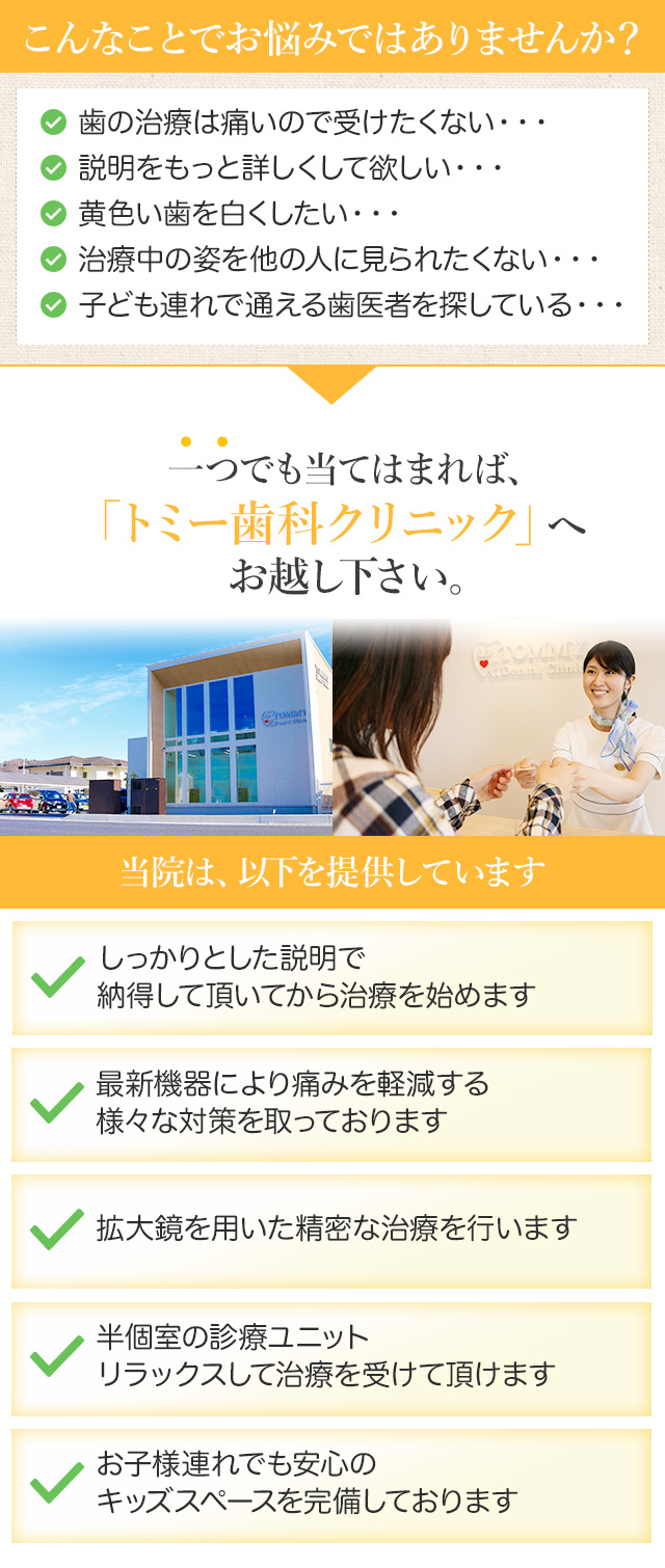 歯の治療は痛いので受けたくない・・・説明をもっと詳しくして欲しい・・・黄色い歯を白くしたい・・・治療中の姿を他の人に見られたくない・・・子ども連れで通える歯医者を探している・・・